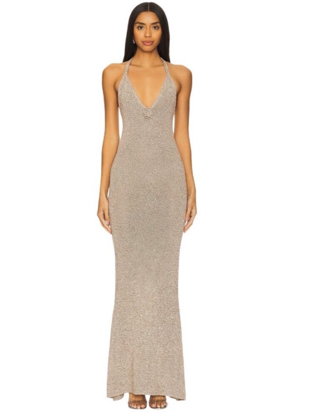 ASTA RESORT Daphne Dress XS NWT Hazelnut Sequin Maxi Knit Gown Revolve Open Back